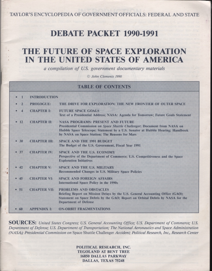 Image for Debate Packet 1990-1991: the Future of Space Exploration in the United States of America: a Compilation of U. S. Government Documentary Materials