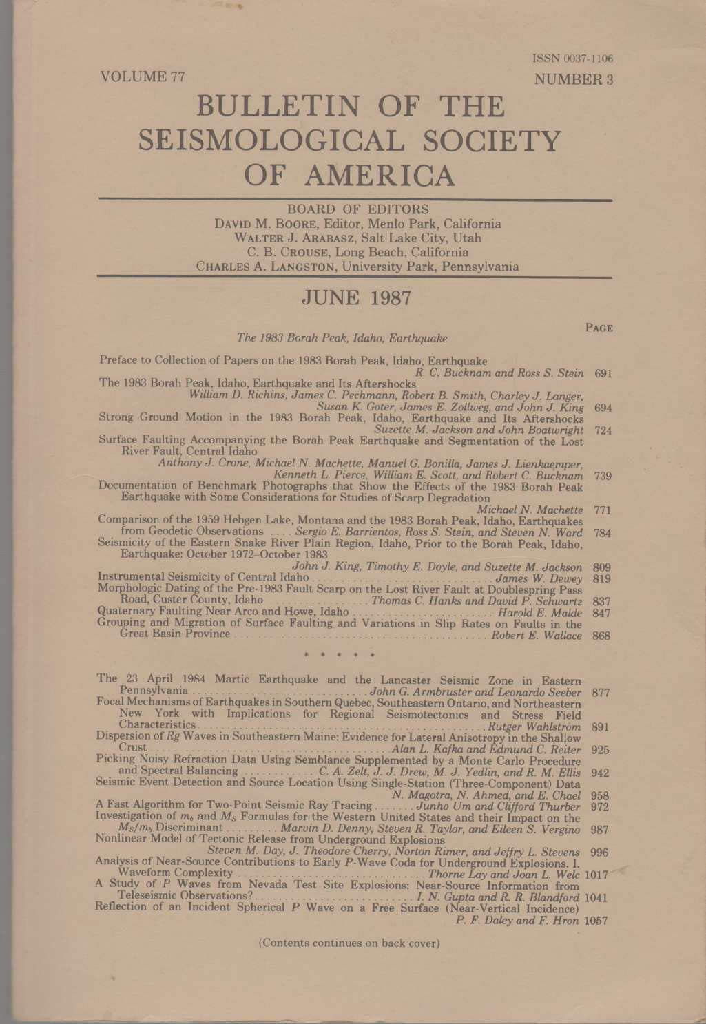 Image for BULLETIN OF THE SEISMOLOGICAL SOCIETY OF AMERICA The 1983 Borah Peak, Idaho, Earthquake. Vol. 77, No. 3, June 1987