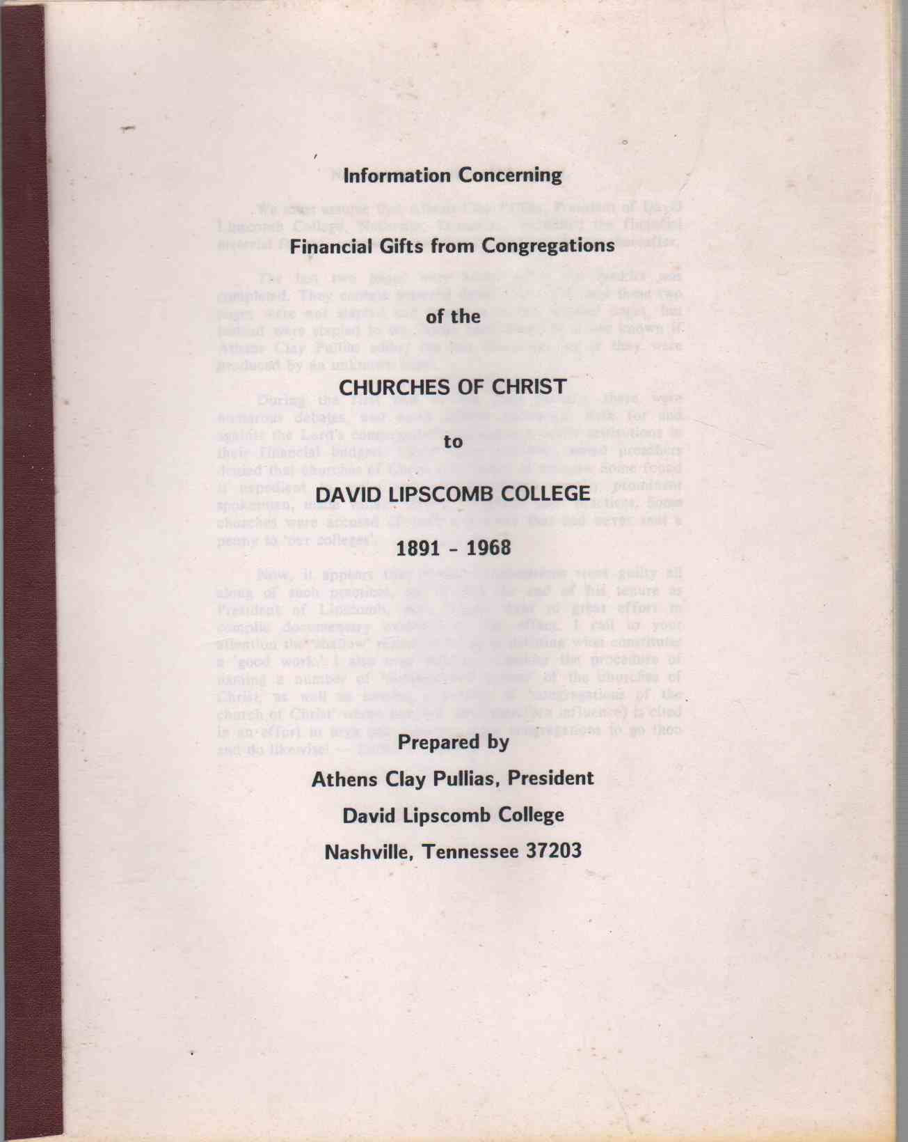 Image for INFORMATION CONCERNING FINANCIAL GIFTS FROM CONGREGATIONS OF THE CHURCHES OF CHRIST TO DAVID LIPSCOMB COLLEGE, 1891-1968