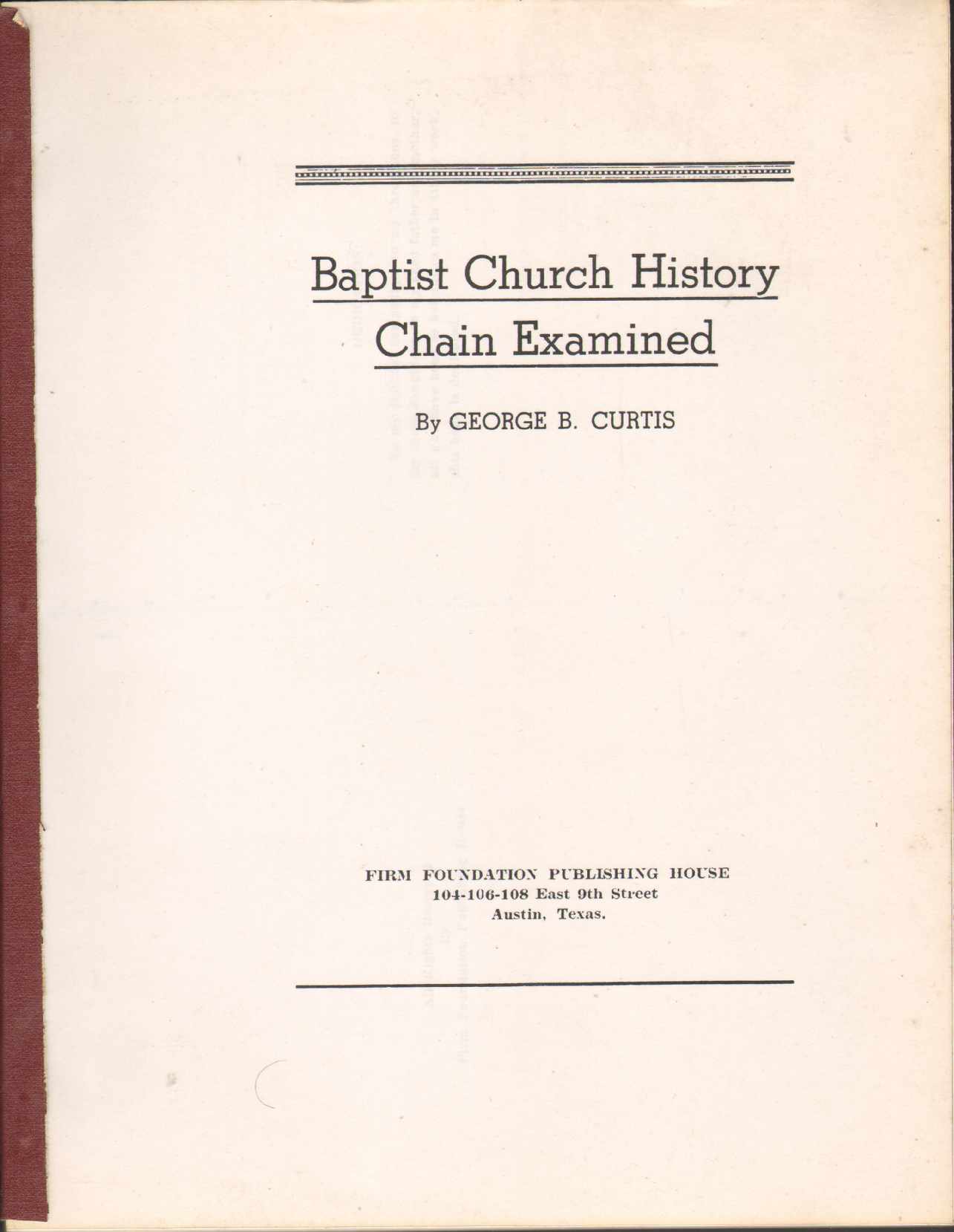 Image for BAPTIST CHURCH HISTORY CHAIN EXAMINED