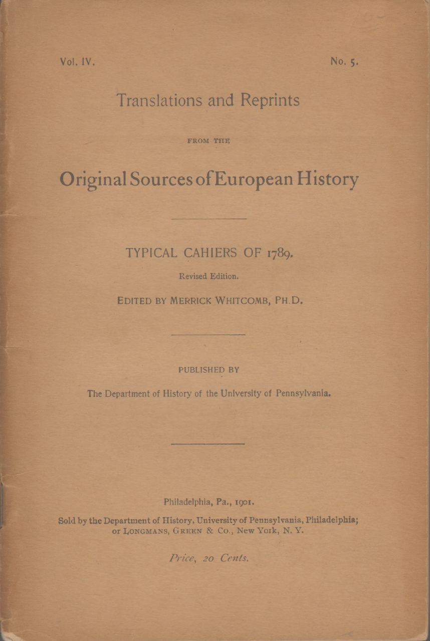 Image for TYPICAL CAHIERS OF 1789 Translations and Reprints from the Original Sources of European History Vol. Iv, No. 5