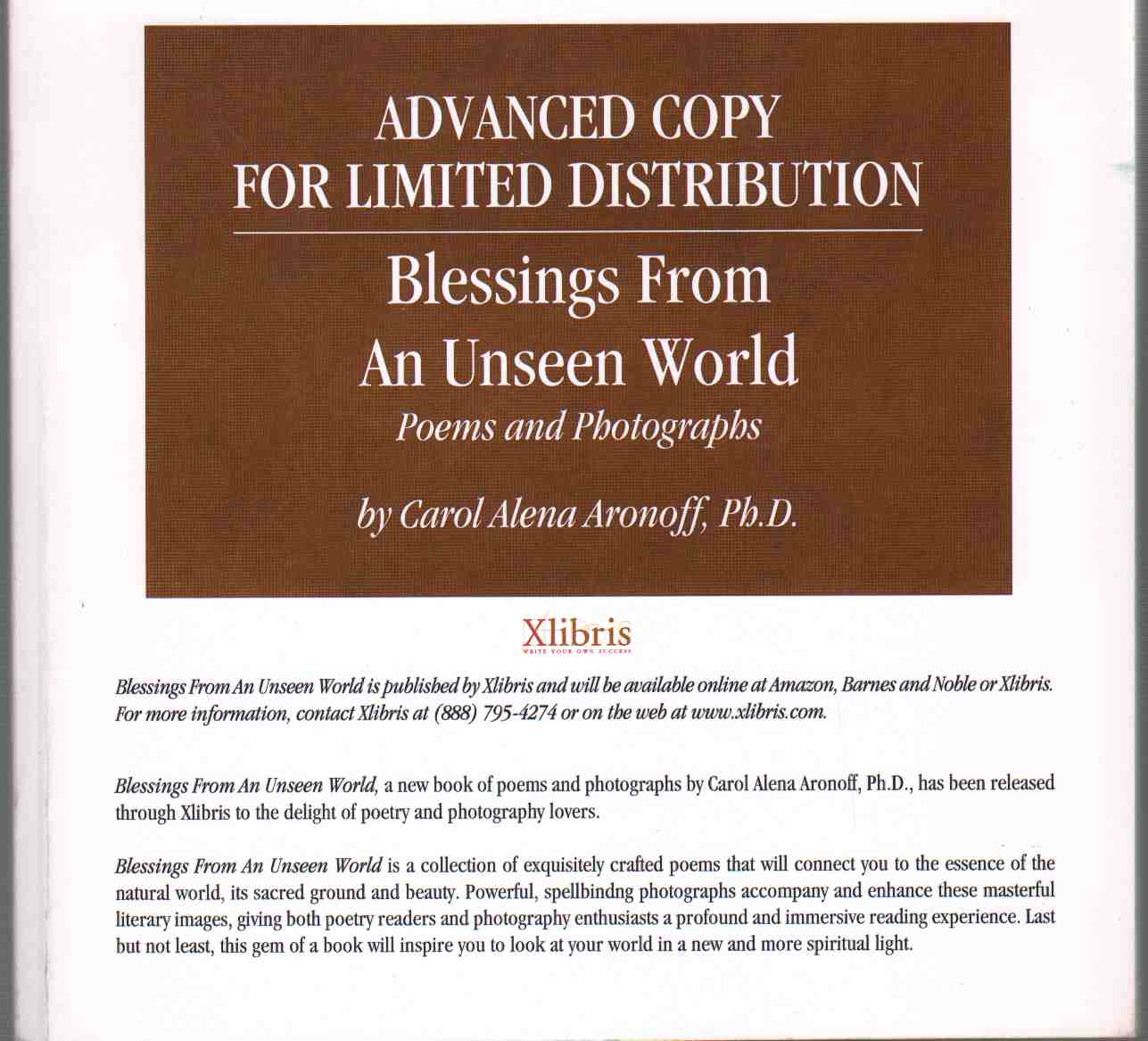 Image for BLESSINGS FROM AN UNSEEN WORLD Poems and Photographa. Advanced Copy for Limited Distribution