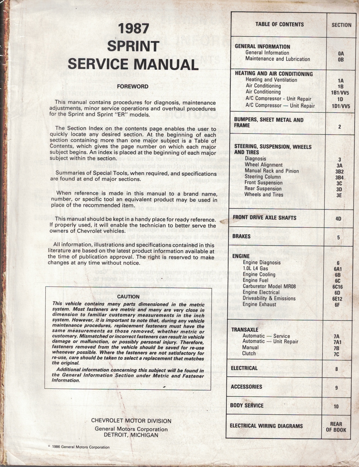 Image for 1987 Chevrolet Sprint Service Manual - 3 Volume Set; includes the "Service Manual", the "Electrical Diagnosis Service Manual Supplement", and the "Service Supplement - Covering the Sprint Turbo Model"