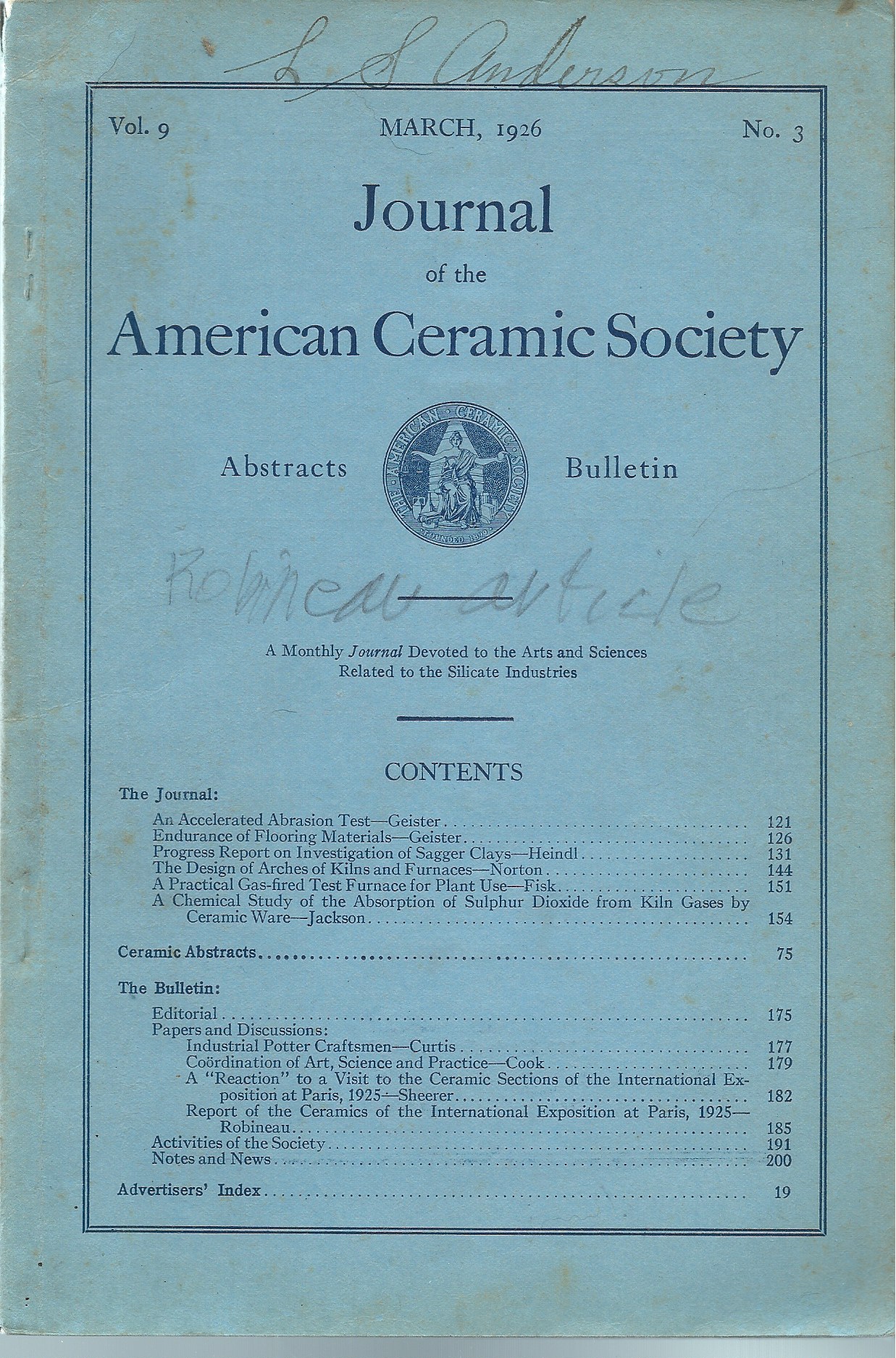 Image for Ceramic Abstracts and the Bulletin (With Article by Adelaide Alsop Robineau) ; JOURNAL OF THE AMERICAN CERAMIC SOCIETY:
