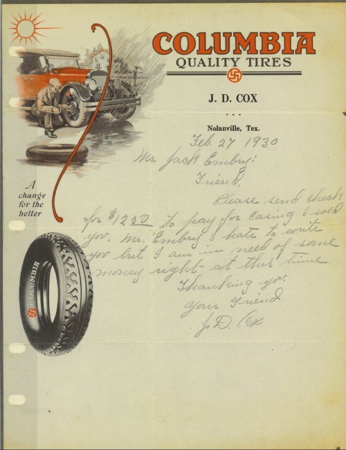 Image for Letter On Letterhead From Columbia Quality Tires, Nolanville, Tex., Dated February 27, 1930