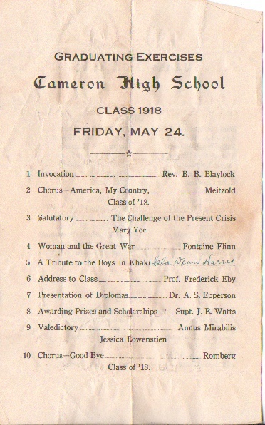 Image for Cameron High School Class Of 1918 Graduating Exercises, Friday, May 24, 1918 ( Cameron, Texas)