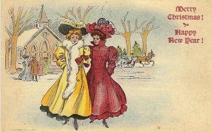 Image for Merry Christmas! Happy New Year!  Two Ladies Leaving Church, One in Yellow, the Other in Red