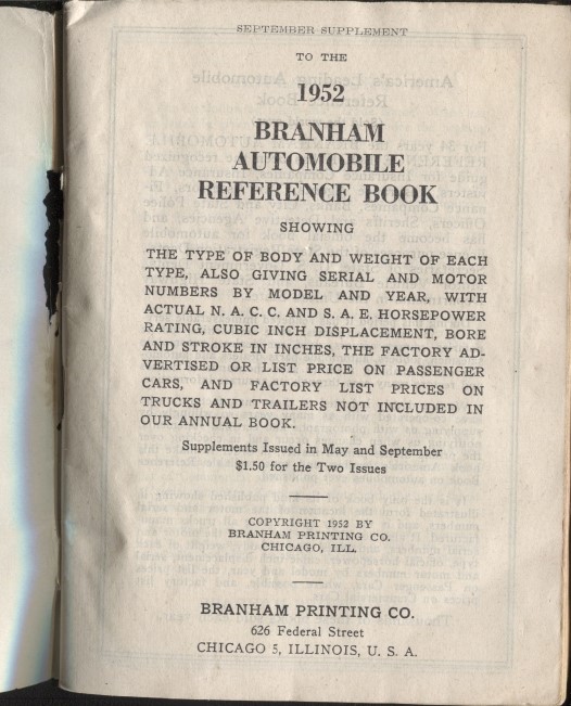 Image for September Supplement To The 1952 Branham Automobile Reference Book