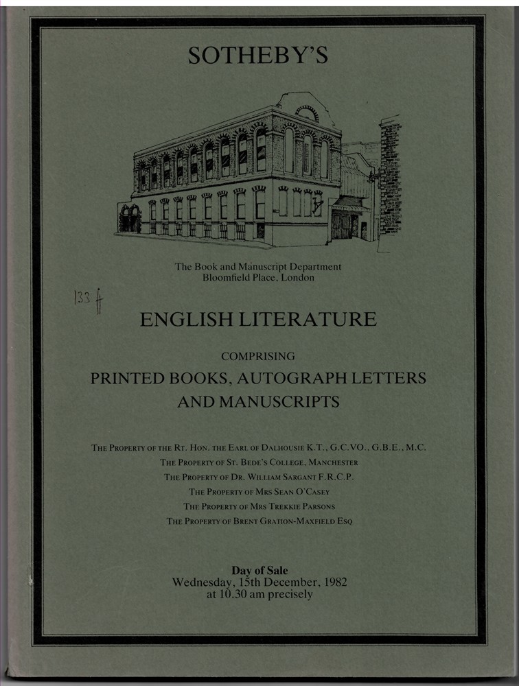 SOTHEBY'S - English Literature Comprising Printed Books, Autograph Letters and Manuscripts Including an Unrecorded Tudor Work in Verse... Day of Sale. Wednesday, 15th December, 1982