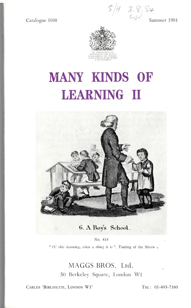MAGGS BROTHERS - Many Kinds of Learning II. Maggs Catalogue 1048. Summer 1984