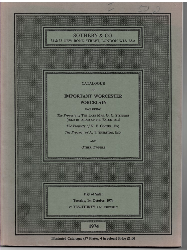 SOTHEBY & CO. - Catalogue of Important Worcester Porcelain of the First Period and Fine Lund's Bristol Also Blue and White Including an 'Eloping Bride' Sucrier and Cover... . Day of Sale: Tuesday, 1st October, 1974