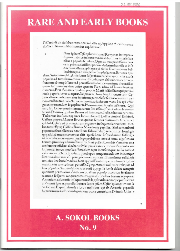 SOKOL, A. - Rare and Early Books. A. Sokol Books. Catalogue No. 9