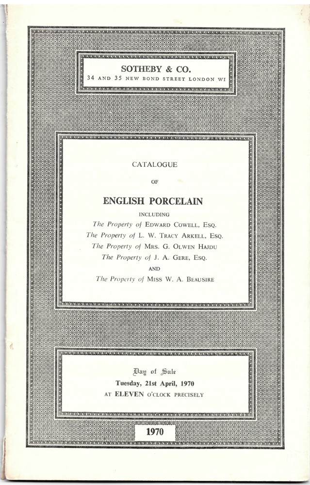 SOTHEBY & CO. - Catalogue of English Porcelain Comprising Derby Wares Also Figures and Groups Both Enamelled and in Biscuit. First Period Worcester Including a Pair of Yellow-Ground Baskets and Many Pieces with Blue-Scale Decoration. 19th Century Porcelain Including a Pa