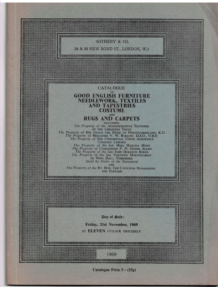SOTHEBY & CO. - Catalogue of Rugs and Carpets Including a Fine Agra Carpet, an Antique Indo-Isfahan Carpet, a Fine Sparta Carpet. Textiles and Needlework Including a Are Set of 18th Century Appliqu Panels, an Important Early 17th Century Anatolian Silk Hanging. Costume