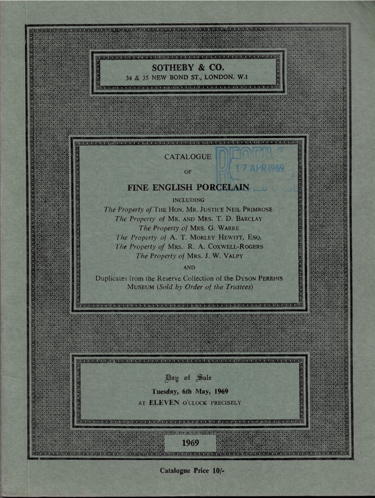 SOTHEBY'S - Catalogue of Fine English Porcelain. Day of Sale: Tuesday, 6th May, 1969
