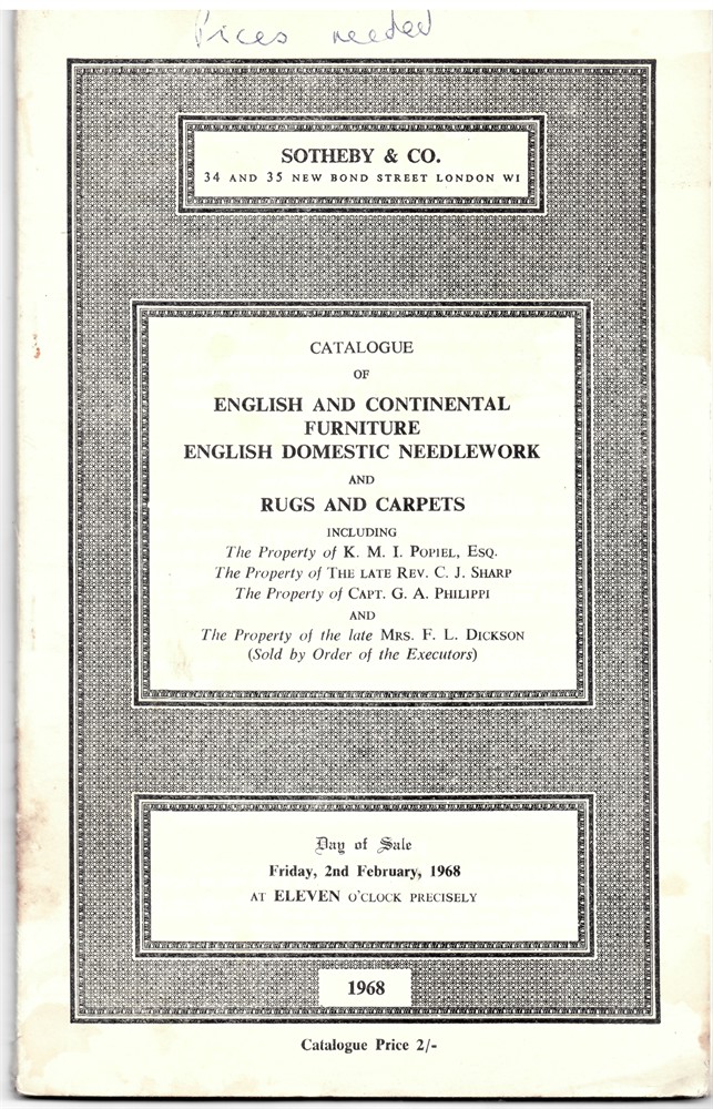 SOTHEBY'S - Catalogue of Rugs and Carpets Including a Gorevan Carpet, English Domestic Needlework Including a Fine Mid-17th Century Embroidered Stumpwork Picture... Day of Sale: Friday, 2nd February, 1968