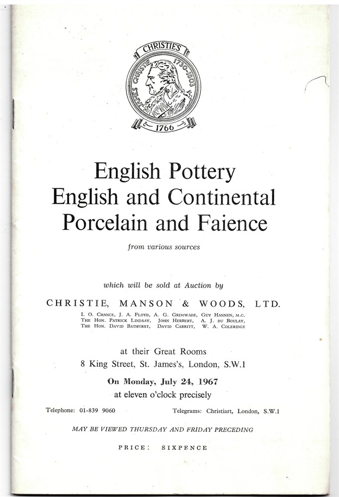 CHRISTIE'S - English Pottery, English and Continental Porcelain and Faience from Various Sources... On Monday, July 24, 1967