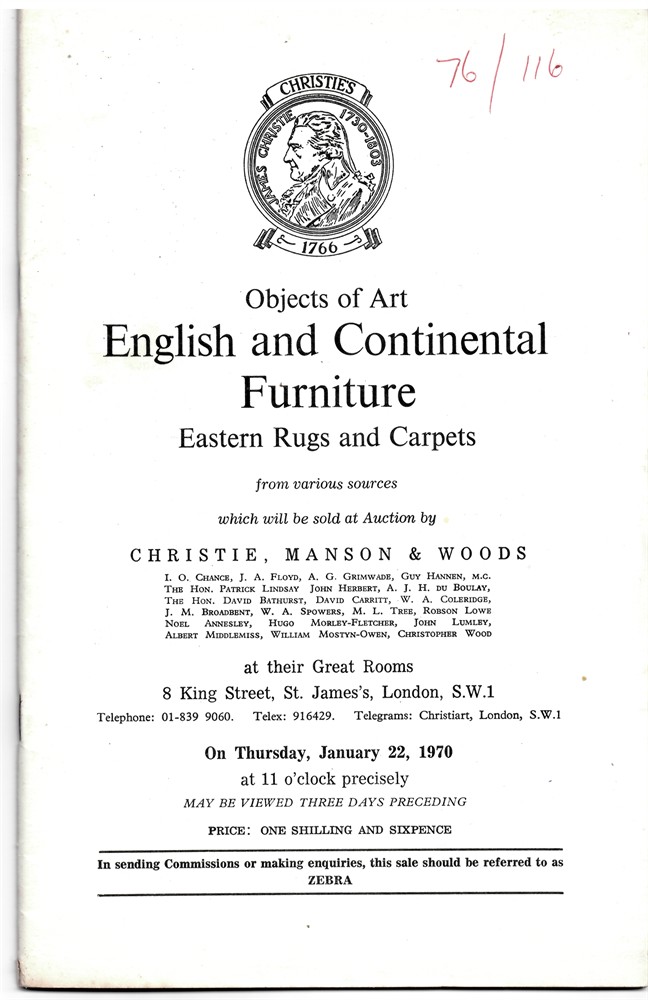 CHRISTIE'S - Objects of Art. English and Continetal Furniture. Eastern Rugs and Carpets from Various Sources... . on Thursday, January 22, 1970