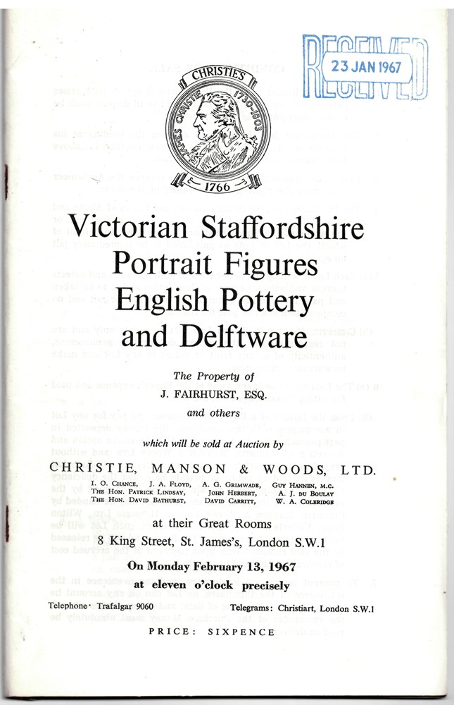 CHRISTIE'S - Victorian Staffordshire Portrait Figures. English Pottery and Delftware. The Property of J. Fairhurst, Esq. And Others... On Monday, February 13, 1967