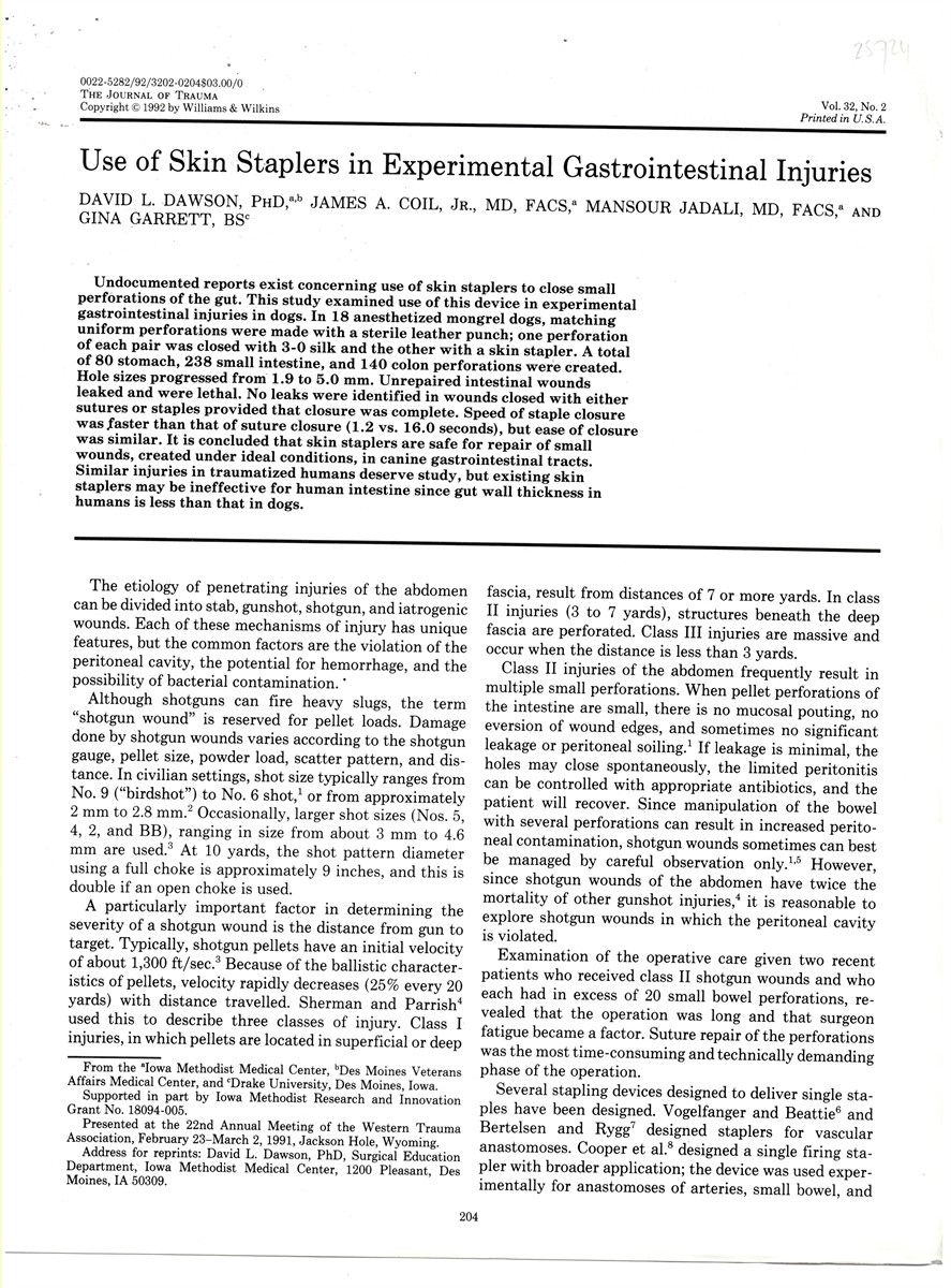 DAWSON, DAVID L. , JAMES A. COIL, MANSOUR JADALI & GINA GARRETT - Use of Skin Staplers in Experimental Gastrointestinal Injuries. Offprint from the Journal of Trauma. Vol 32, No. 2 1992