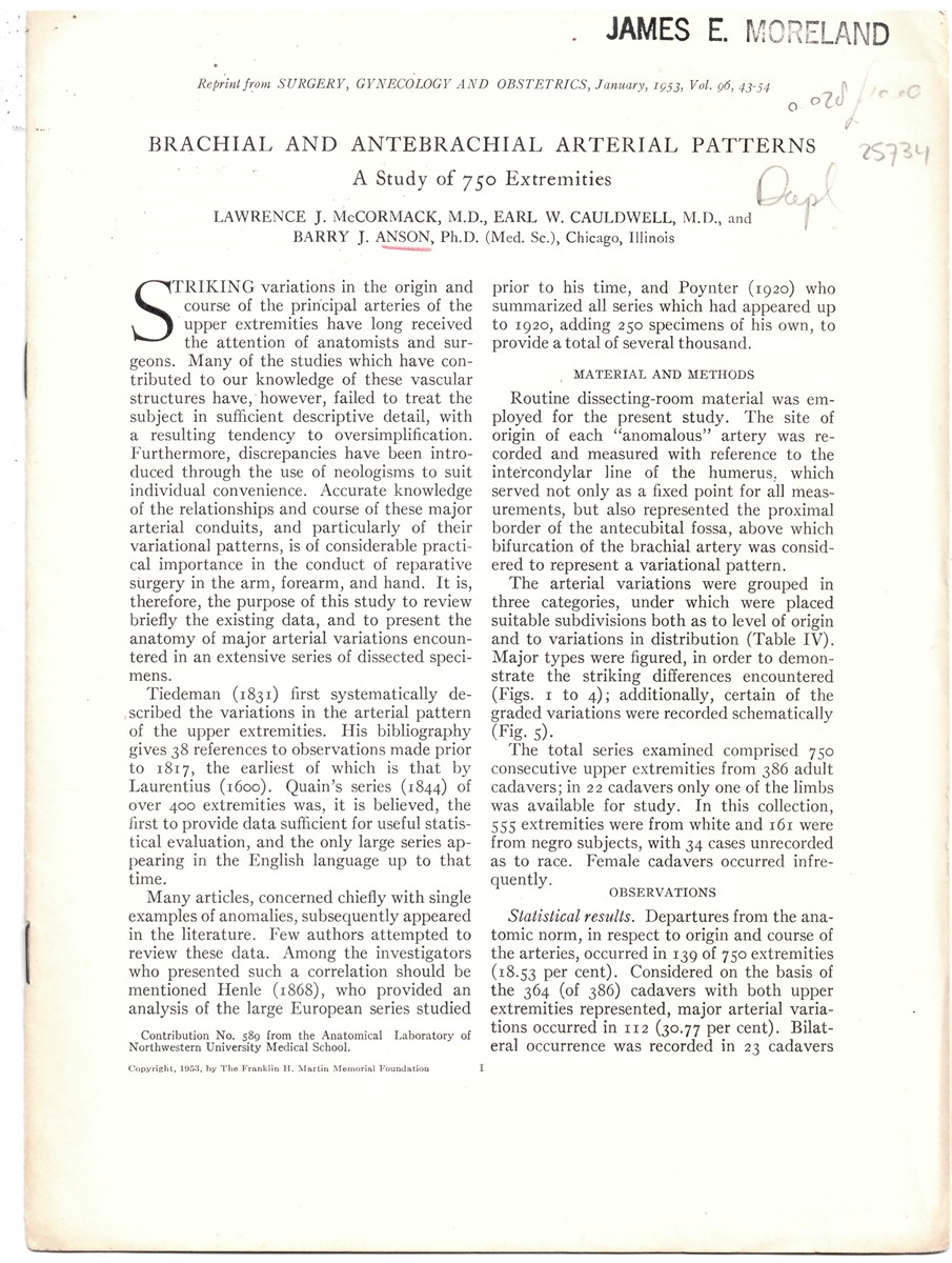 MCCORMACK, LAWRENCE J. & BARRY J. ANSON - Brachial and Antebrachial Arterial Patterns. A Study of 750 Extremities. Reprint from Surgery, Gynecology and Obstetrics, January, 1953, Volume 96