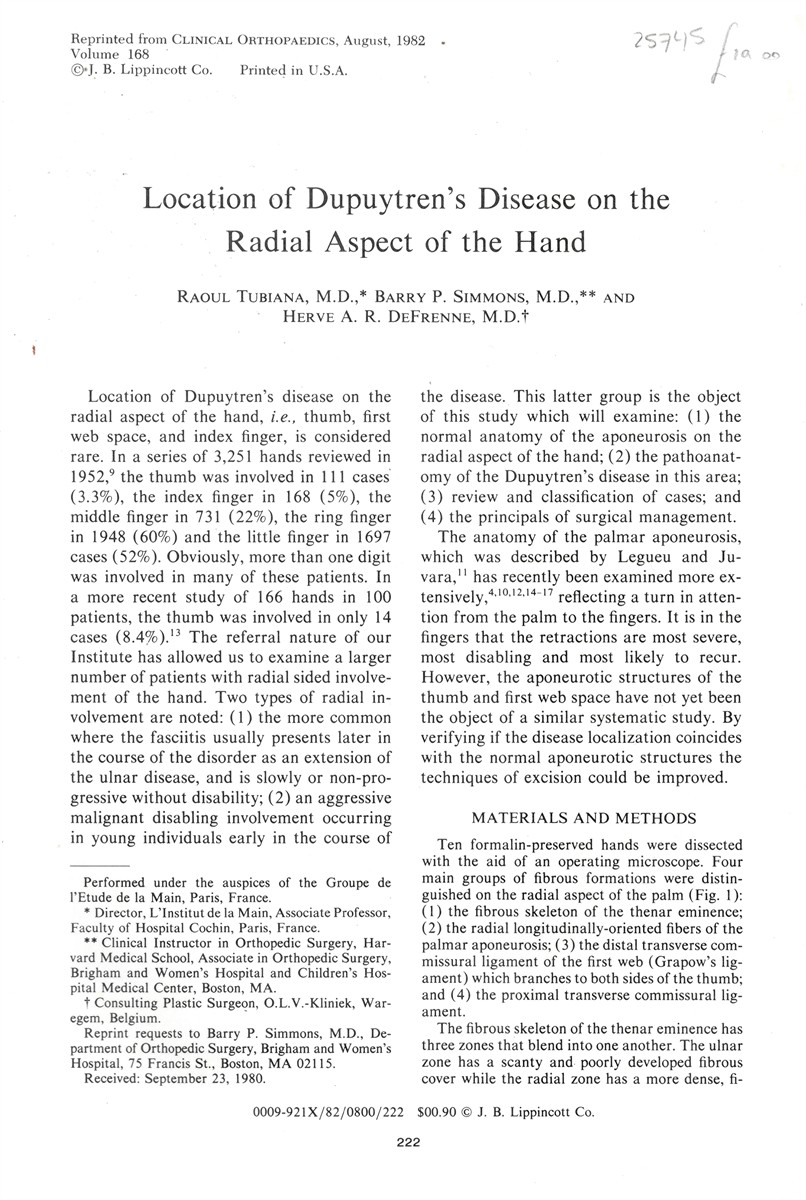 TUBIANA, RAOUL, BARRY P. SIMMONS & HERVE A. R. DEFRENNE - Location of Dupuytren's Disease on the Radial Aspect of the Hand. Reprinted from Clinical Orthopaedics. August, 1982. Volume 168