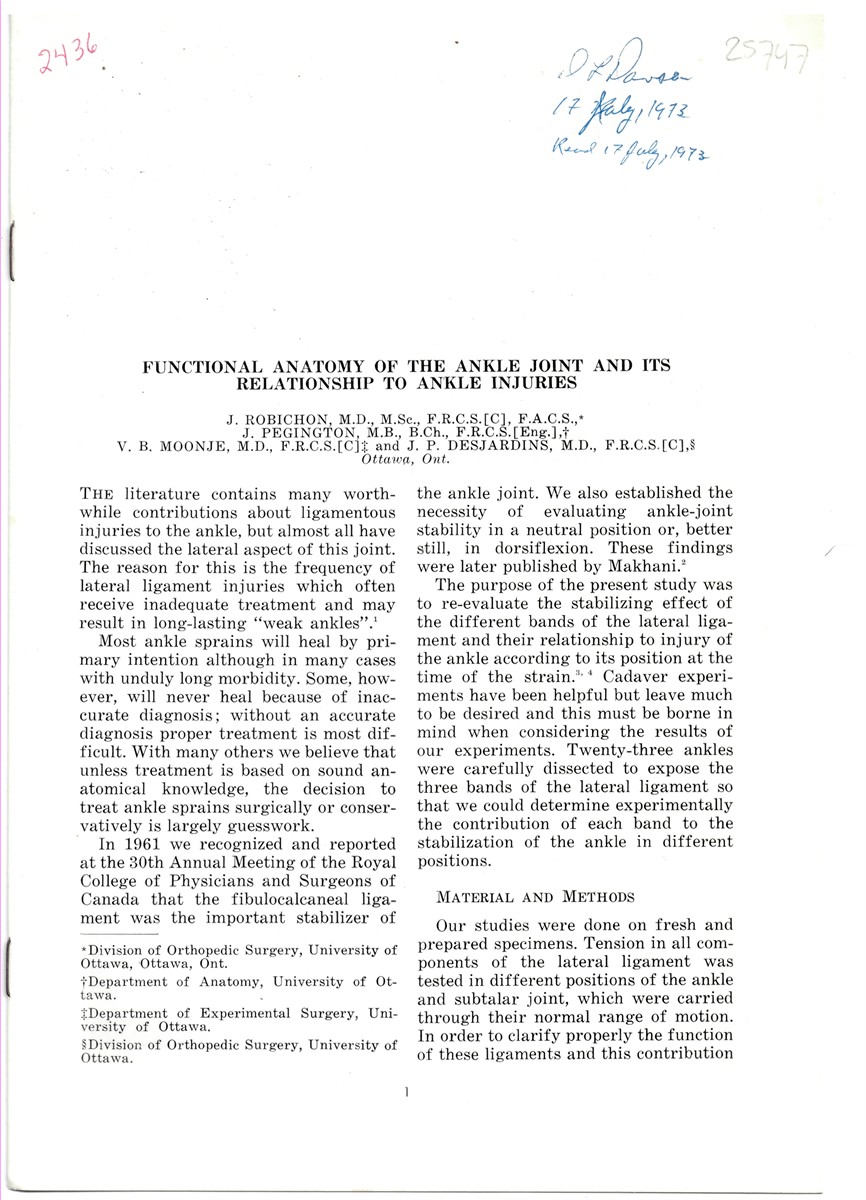 ROBICHON, J. , J. PEGINGTON & V. B. MOONJE & J. P. DESJARDINS - Functional Anatomy of the Ankle Joint and Its Relationship to Ankle Injuries. Reprinted from the Canadian Journal of Surgery, Volume 15, No. 3 - May 1972