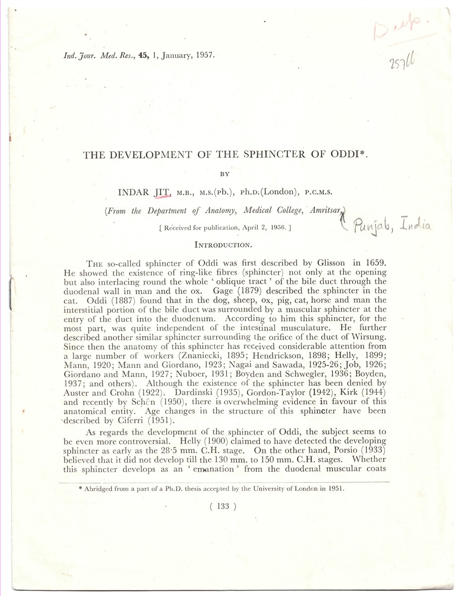 JIT, INDAR - The Development of the Sphincter of Oddi. Reprinted from the Indian Journal of Medical Research. Volume 45, No. 1, January 1957