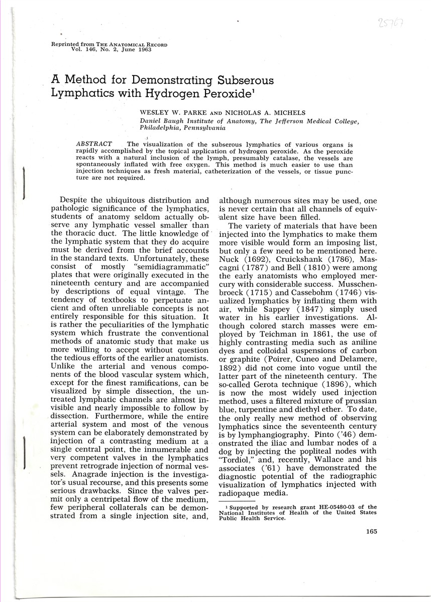 PARKE, WESLEY W. & NICHOLAS A. MICHELS - A Method for Demonstrating Subserous Lymphatics with Hydrogen Peroxide. Reprinted from the Anatomical Record Volume 146, No. 2, June 1963