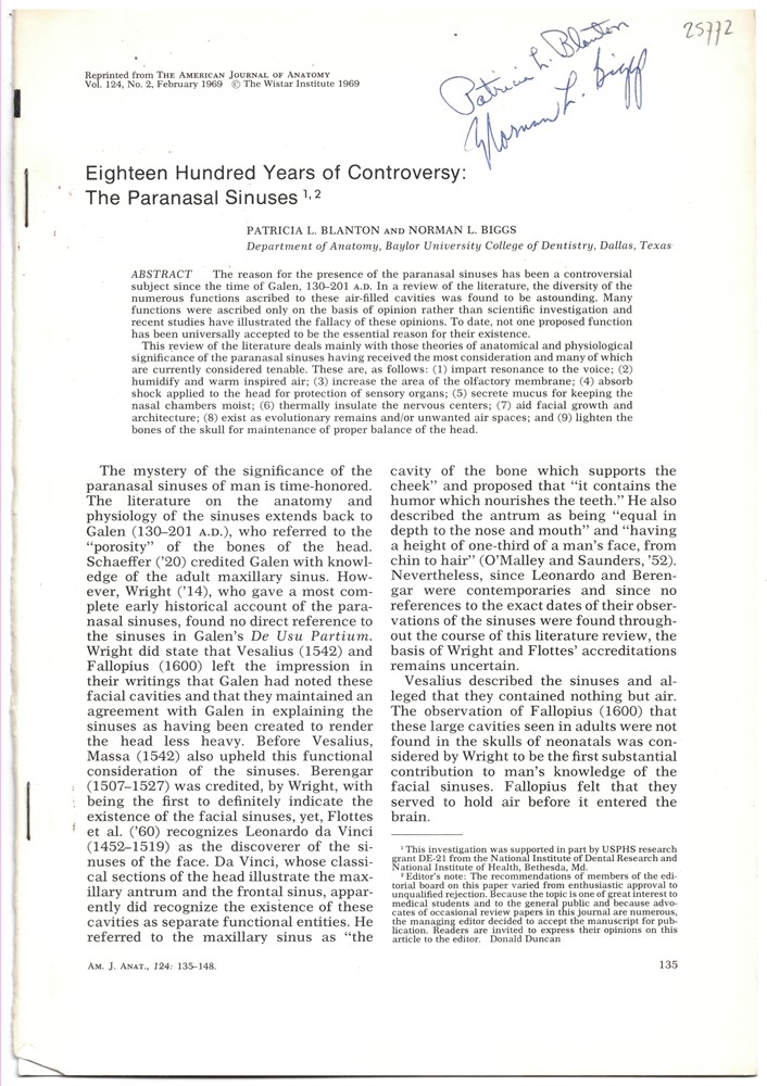 BLANTON, PATRICIA L. & NORMAN L. BIGGS - Eighteen Hundred Years of Controversy: The Paranasal Sinuses. Reprinted from the American Journal of Anatomy. Volume 124. No. 2 February 1969 (Signed Copy)