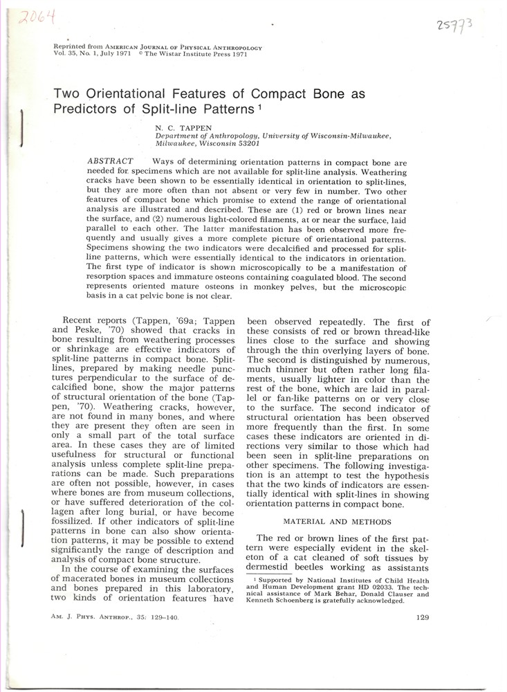 TAPPEN, N. C. - Two Orientational Features of Compact Bone As Predictors of Split-Line Patterns. Reprinted from American Journal of Physical Anthropology Volume 35 No. 1 July 1971