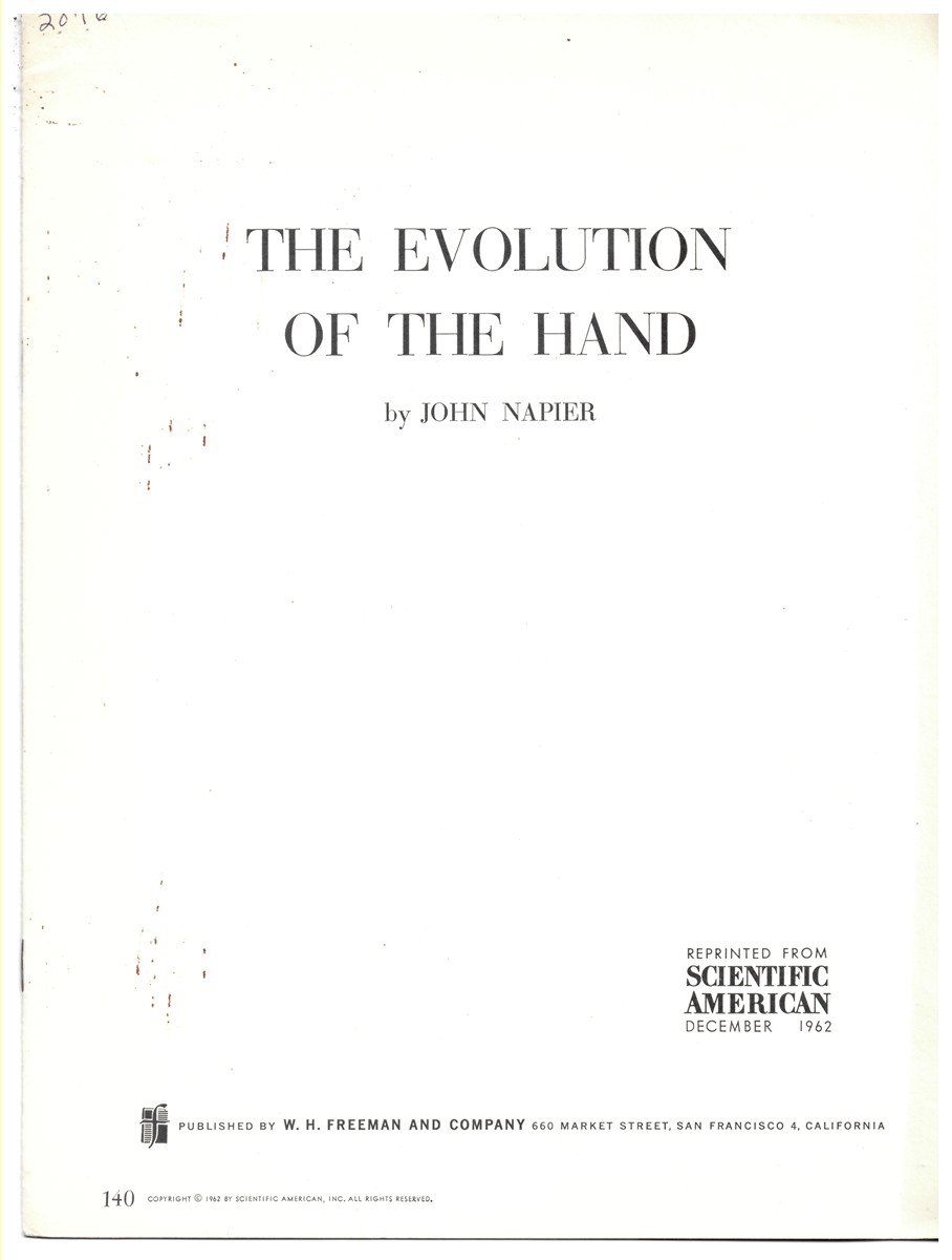 NAPIER, JOHN - The Evolution of the Hand. Reprinted from Scientific American December 1962