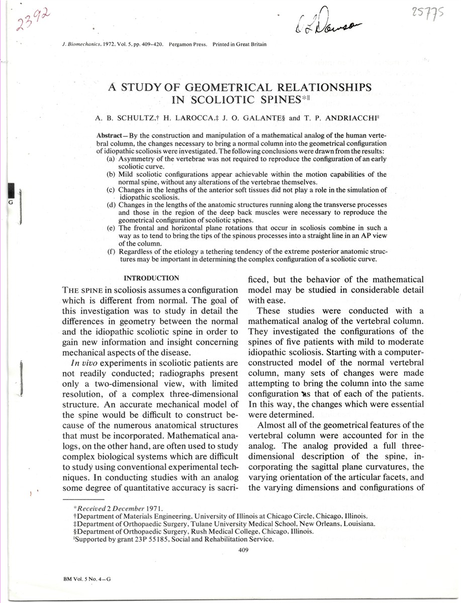 SCHULTZ, A. B. , H. LAROCCA, J. O. GALANTE & T. P. ANDRIACCHI - A Study of Geometric Relationships in Scoliotic Spines. Reprinted from the Journal of Biomechanics 1972, Volume 5