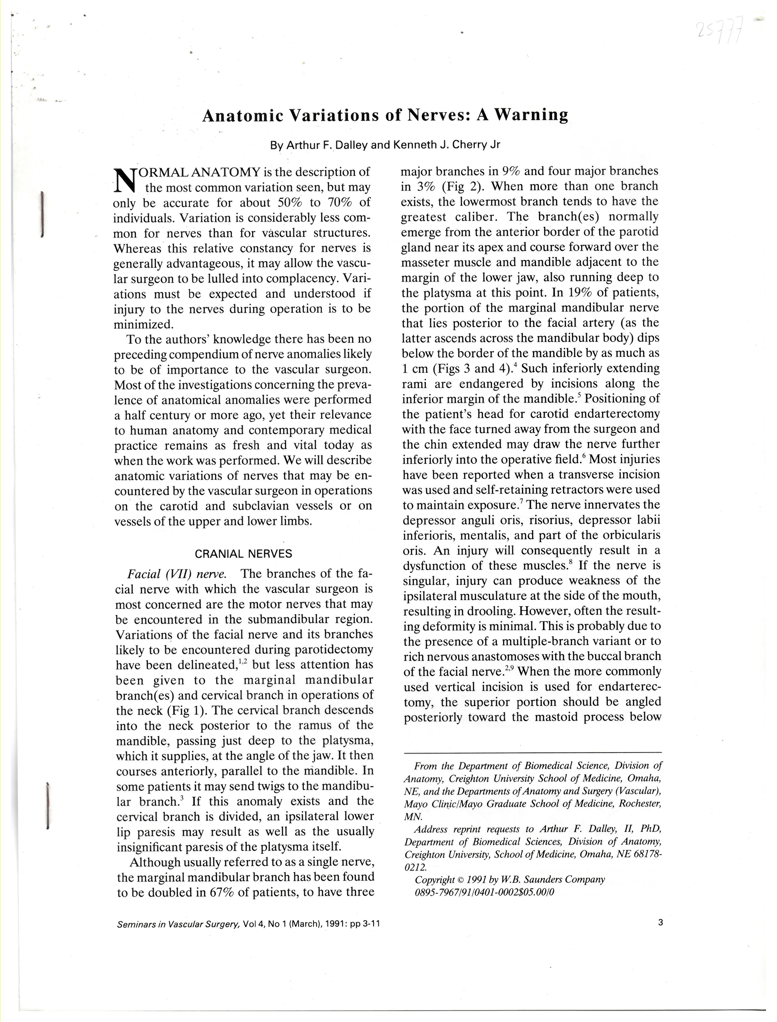 DALLEY, ARTHUR F. & KENNETH J. CHERRY - Anatomic Variations of Nerves: A Warning Reprinted in Seminars in Vascular Surgery, Volume 4, No. 1 (March) 1991