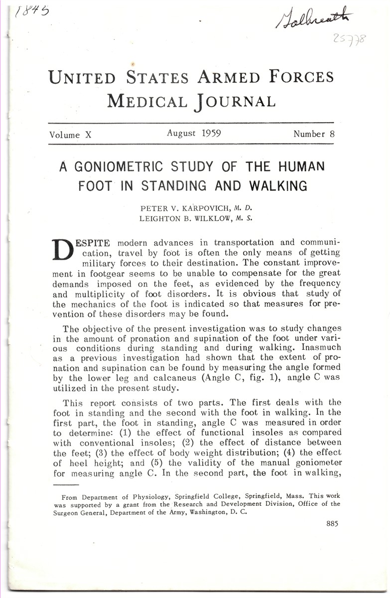 KARPOVICH, PETER V. & LEIGHTON B. WILKLOW - A Goniometric Study of the Human Foot in Standing and Walking. Reprinted from the United States Armed Forces Medical Journal. Volume X. August 1959. Number 8