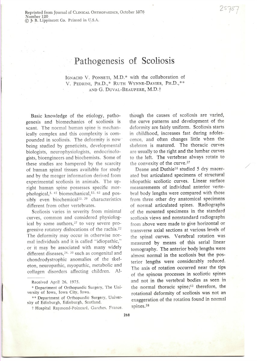 PONSETI, IGNACIO V. , V. PEDRINI, RUTH WYNNE-DAVIES & G. DUVAL-BEAUPERE - Pathogenesis of Scoliosis. Reprinted from Journal of Clinical Orthopaedics, October 1976. Number 102