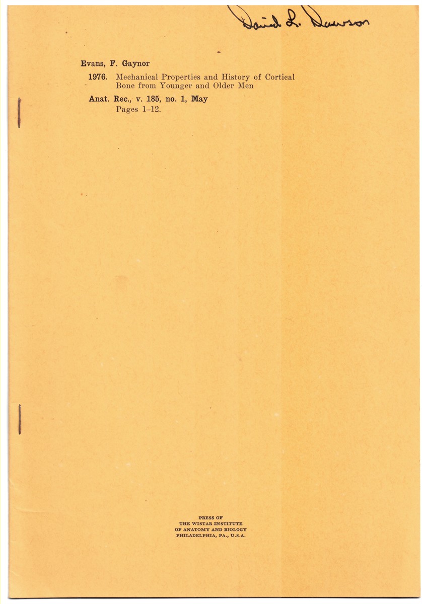 EVANS, F. GAYNOR - Mechanical Properties and History of Cortical Bone from Younger and Older Men. Reprinted from Anatomical Record, Volume 185, No. 1, May