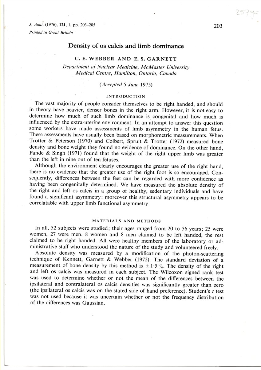 WEBBER, C. E. & E. S. GARNETT - Density of Os Calcis and Limb Dominance. Reprinted from Journal of Anatomy Volume 121 1976 No. 1