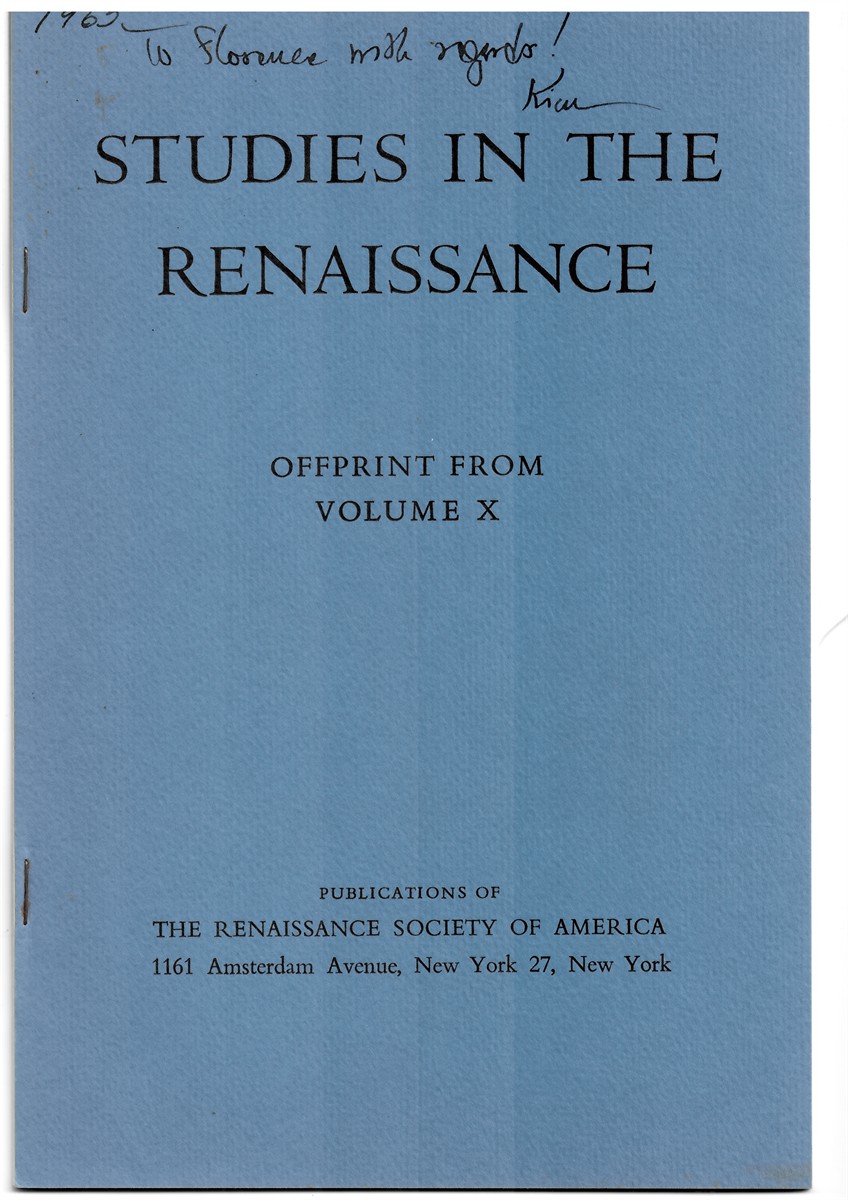 PLOCHMANN, GEORGE KIMBALL - William Harvey and His Methods. Offprint from Studies in the Renaissance X 1963 (Signed Copy)
