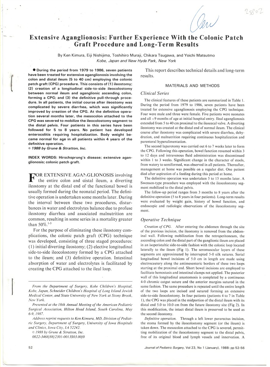KIMURA, KEN, EIJI NISHIJIMA, TOSHIHIRO MURAJI, CHIKARA TSUGAWA, AND YOICHI MATSUTMO - Extensive Aganglionosis: Further Experience with the Colonic Patch Graft Procedure and Long-Term Results. Offprint from Journal of Pediatric Surgery, Vol. 23, No. 1 (January) 1988