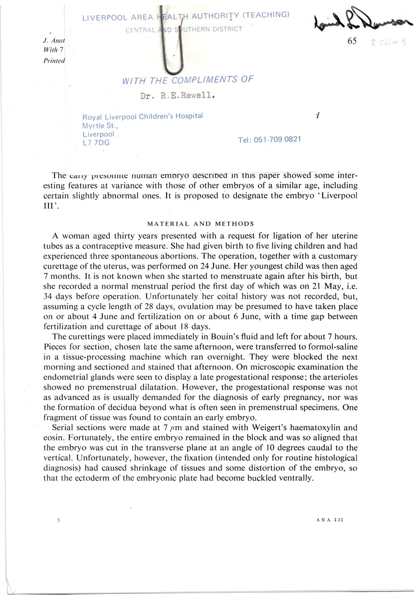 REWELL, R. E. & R. G. HARRISON - A Presomite Human Embryo of Horizon VII. Reprinted from Journal of Anatomy Volume 121, No. 1 1976