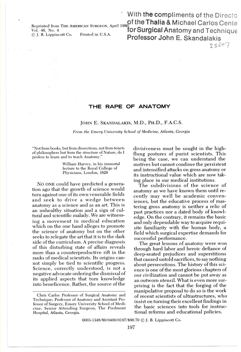 SKANDALAKIS, JOHN E. - The Rape of Anatomy. Reprinted from the American Surgeon April 1980 Volume 46 No. 4