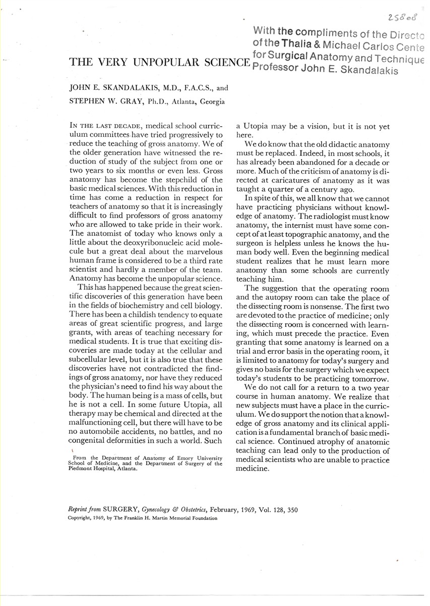 SKANDALAKIS, JOHN E. - The Very Unpopular Science. Reprint from Surgery, Gynecology & Obstetrics, February 1969. Volume 128