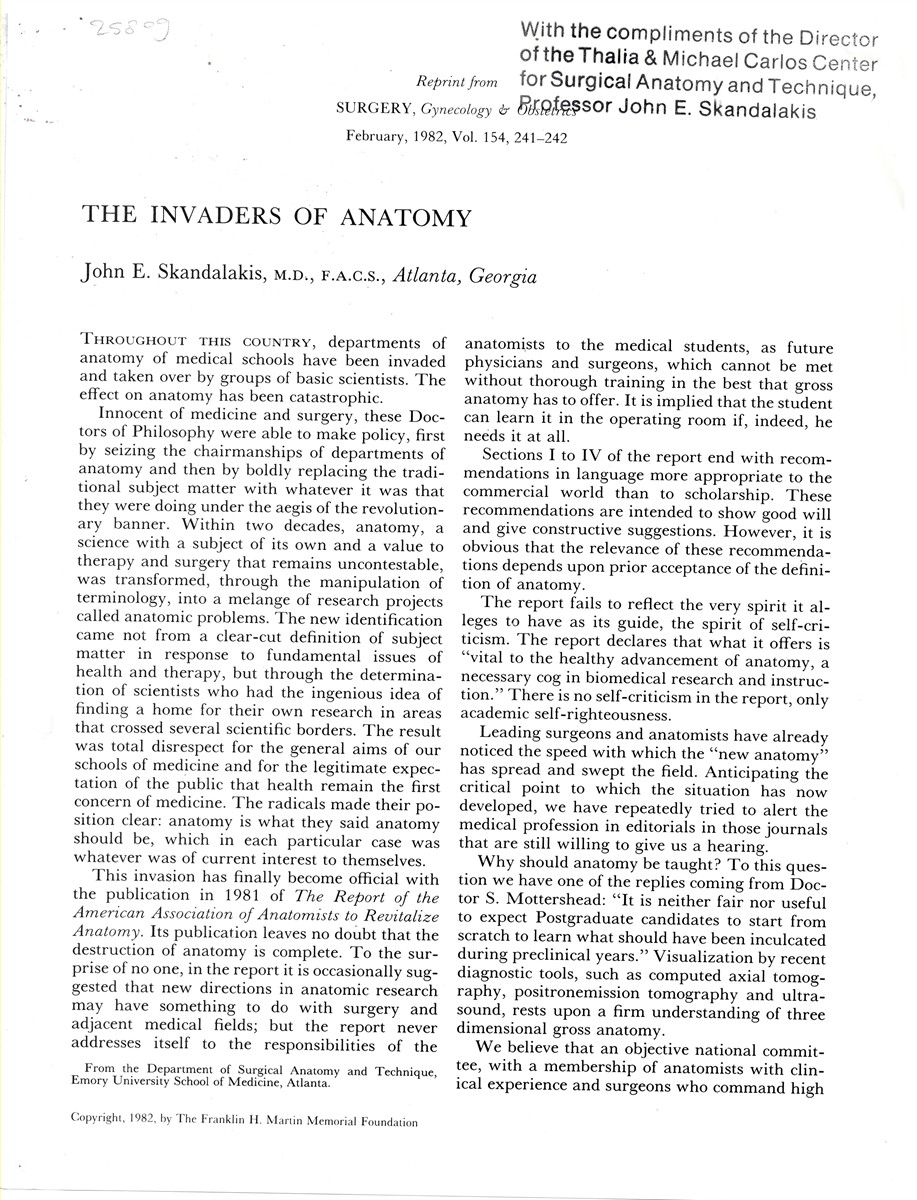 SKANDALAKIS, JOHN E. - The Invaders of Anatomy. Reprint from Surgery, Gynecology & Obstetrics. Feburary 1982, Volume 154
