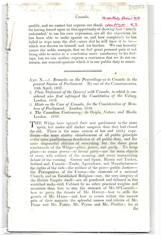 QUARTERLY REVIEW - Art. X - 2. Remarks on the Proceedings As to Canada in the Present Session of Parliament. By One of the Commissioners... Disbound from the Quarterly Review 1838