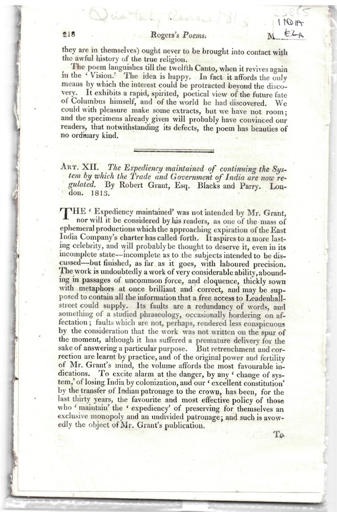 QUARTERLY REVIEW - Art. XII. The Expediency Maintained of Continuing the System by Which the Trade and Government of India Are Now Regulated. By Robert Grant, Esq. Blacks and Parry London 1813. Disbound from the Quarterly Review 1813