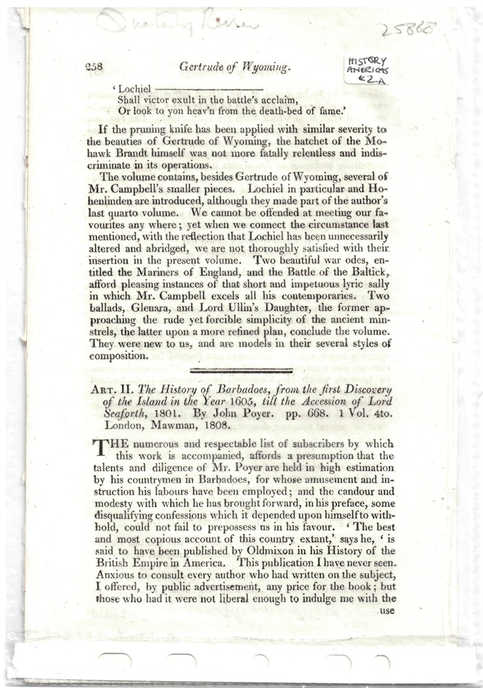 QUARTERLY REVIEW - Art. II. The History of Barbadoes, from the First Discovery of the Island in the Year 1605, Till the Accession of Lord Seaforth, 1801. By John Poyer... . Disbound from the Quarterly Review 1809