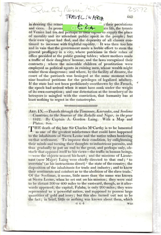 [NIGER RIVER - EXPLORATION] QUARTERLY REVIEW - Art. IX. - Travels Through the Timannee, Kooranko, and Soolima Countrires, to the Sources of the Rokelle and Niger, in the Year 1822. By Captain A. Gordon Laing. With a Map and Plates. 8vo. - Disbound from the Quarterly Review 1825.