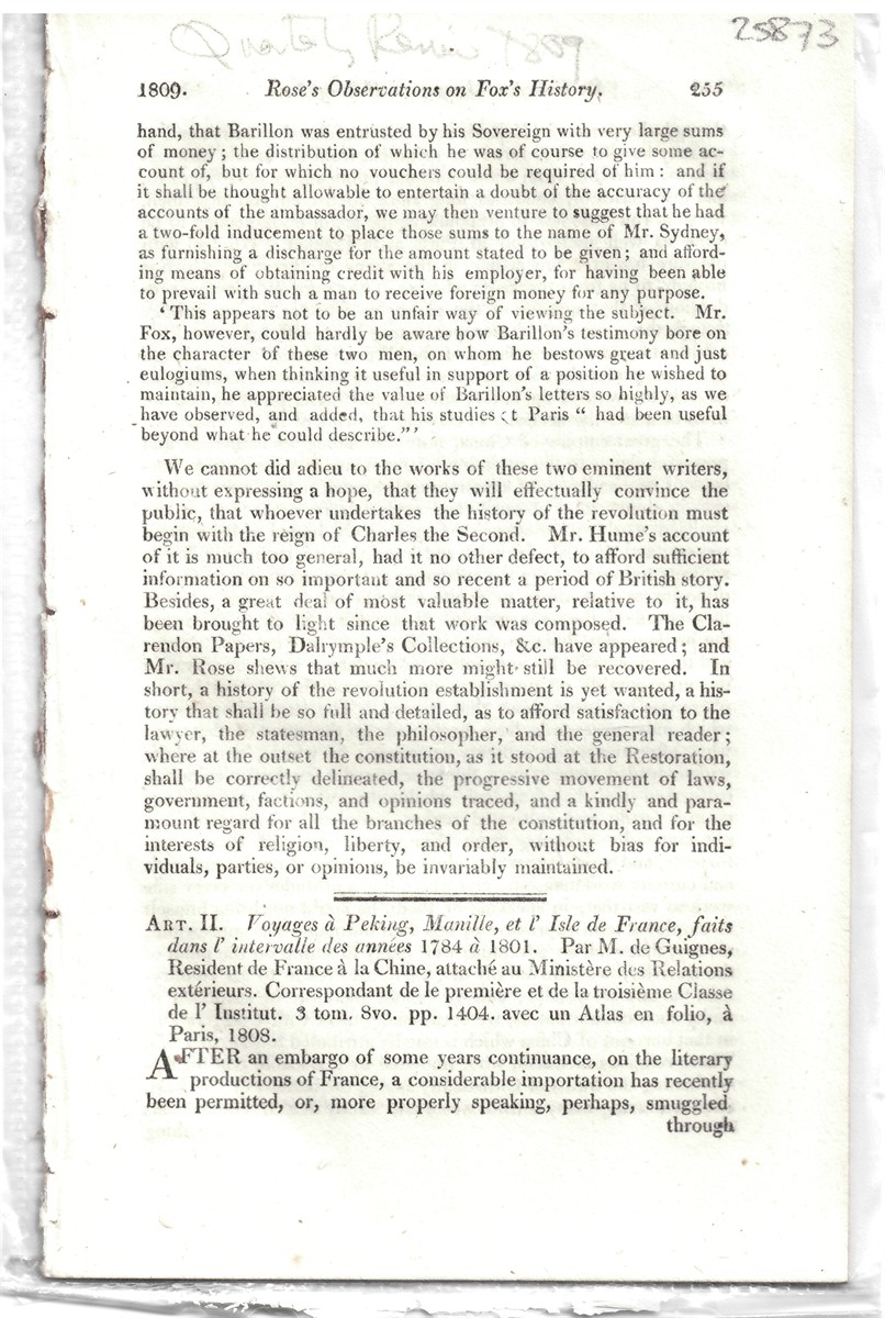 [CHINA] QUARTERLY REVIEW - Art. II. Voyages  Peking, Manille, Et L'Isle de France, Faits Dans L'Intervalle Des Annes 1784  1801. Par M. De Guignes, Resident de France  la Chine, Attach Au Ministre Des Relations Extrieurs... . - Disbound from the Quarterly Review 1809