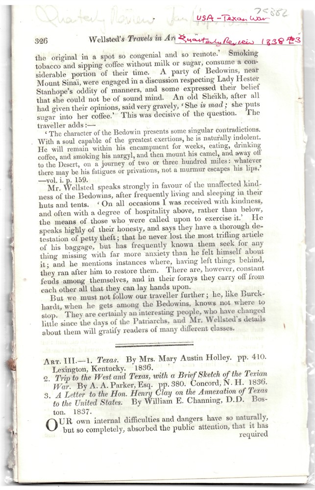 [TEXAS WAR OF INDEPENDENCE] QUARTERLY REVIEW - Art. III. - 1. Texas. By Mrs. Mary Austin Holley... . 2. Trip to the West and Texas, with a Brief Sketch of the Texian War. By A.A. Parker... - Disbound from the Quarterly Review January-April 1838